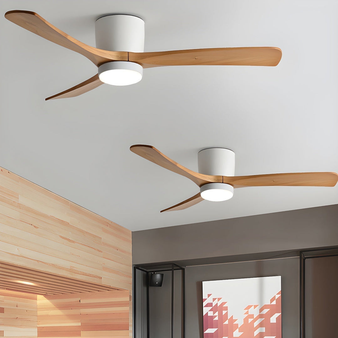 "Nordic Wooden Ceiling Fan Light with sycamore blades and LED, remote-operated for modern home decor."