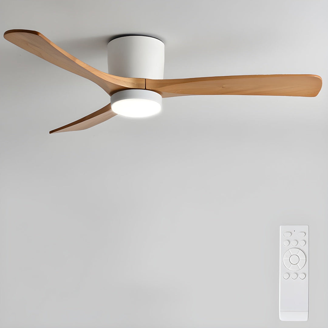 "Nordic Wooden Ceiling Fan Light with sycamore blades and LED, remote-operated for modern home decor."