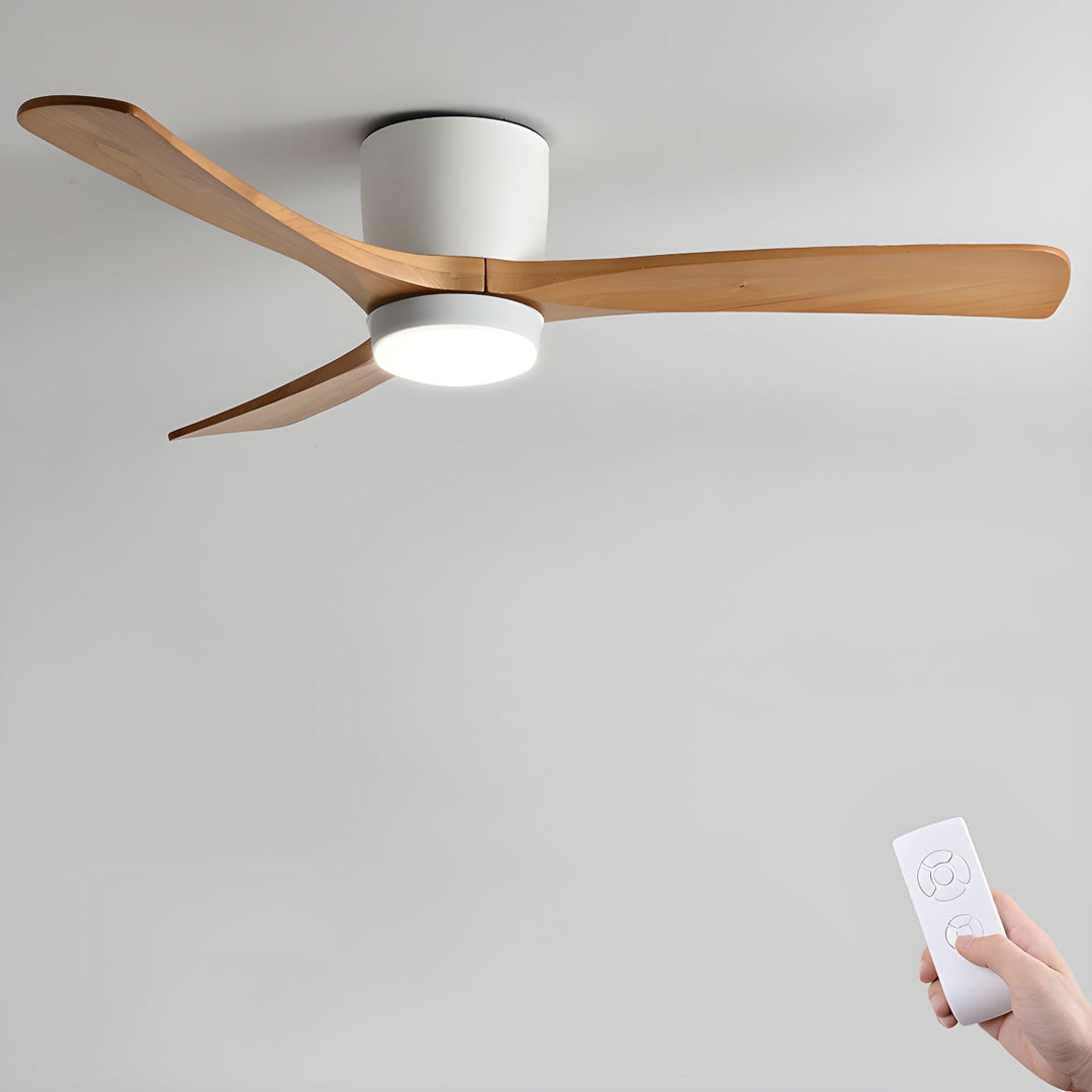 "Nordic Wooden Ceiling Fan Light with sycamore blades and LED, remote-operated for modern home decor."
