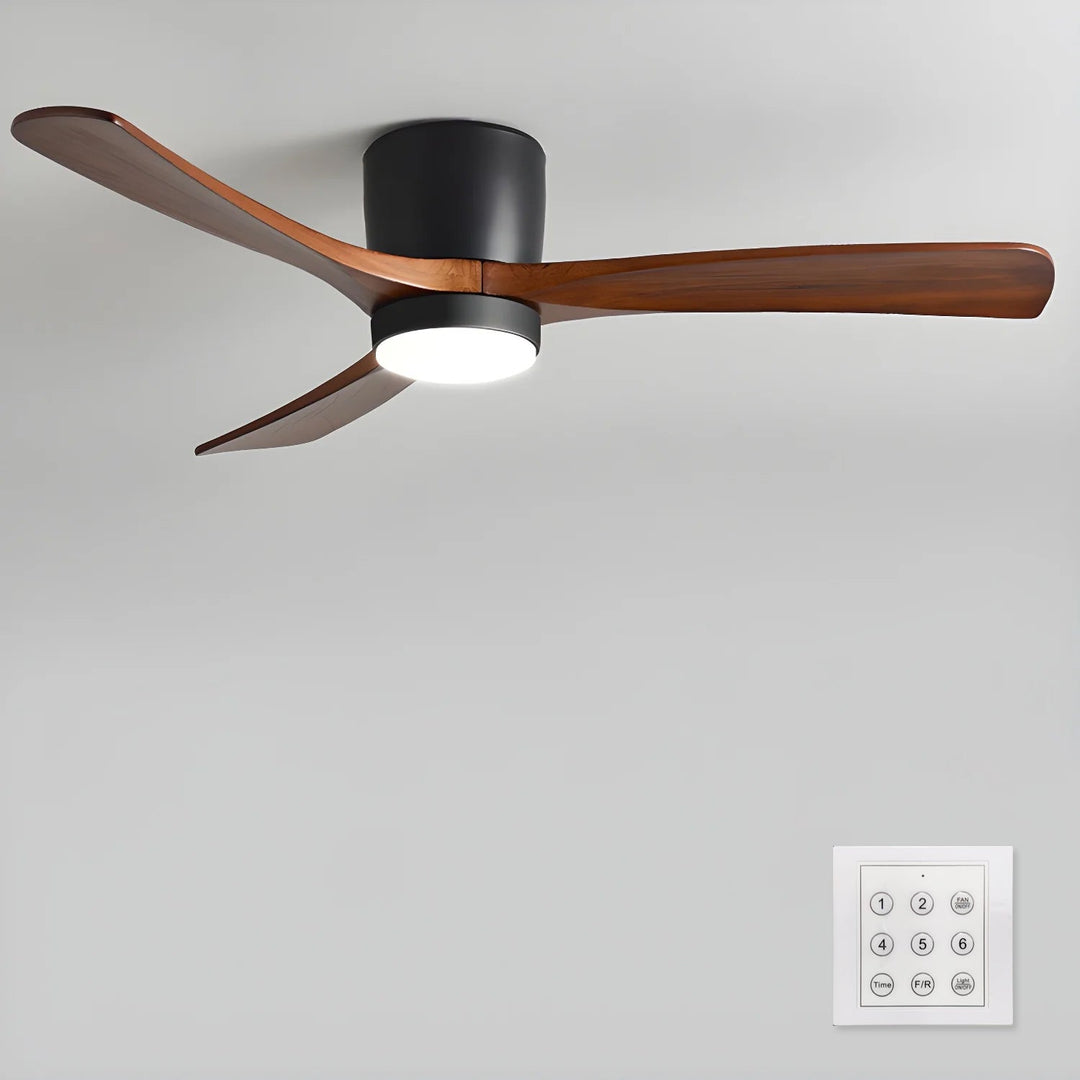 "Nordic Wooden Ceiling Fan Light with sycamore blades and LED, remote-operated for modern home decor."