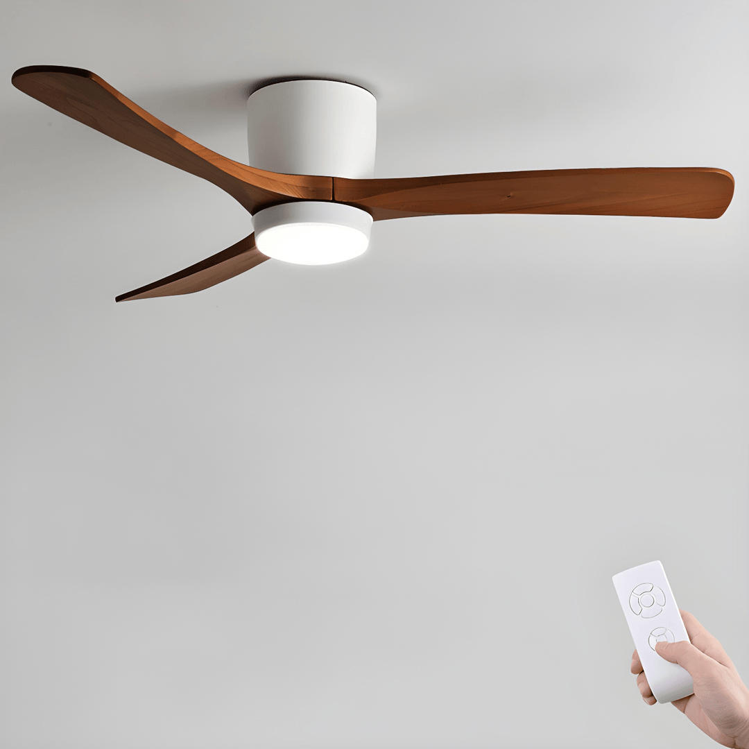 "Nordic Wooden Ceiling Fan Light with sycamore blades and LED, remote-operated for modern home decor."