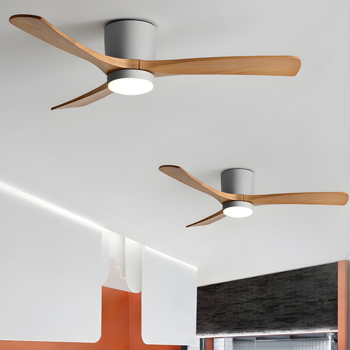 "Nordic Wooden Ceiling Fan Light with sycamore blades and LED, remote-operated for modern home decor."