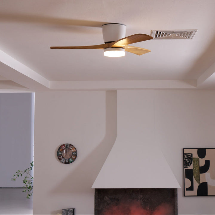 "Nordic Wooden Ceiling Fan Light with sycamore blades and LED, remote-operated for modern home decor."