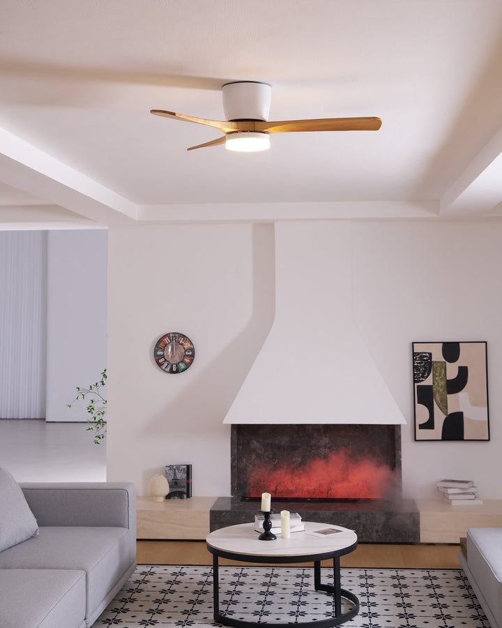 "Nordic Wooden Ceiling Fan Light with sycamore blades and LED, remote-operated for modern home decor."