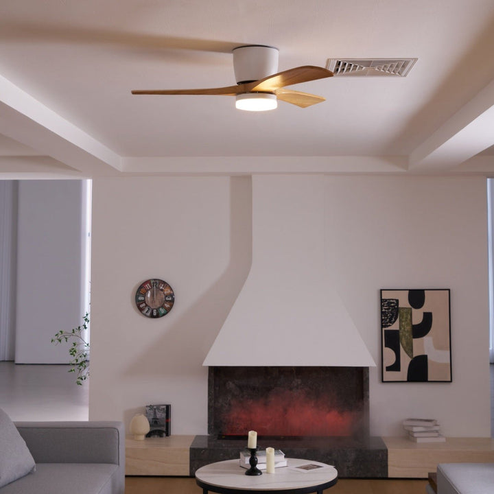 "Nordic Wooden Ceiling Fan Light with sycamore blades and LED, remote-operated for modern home decor."
