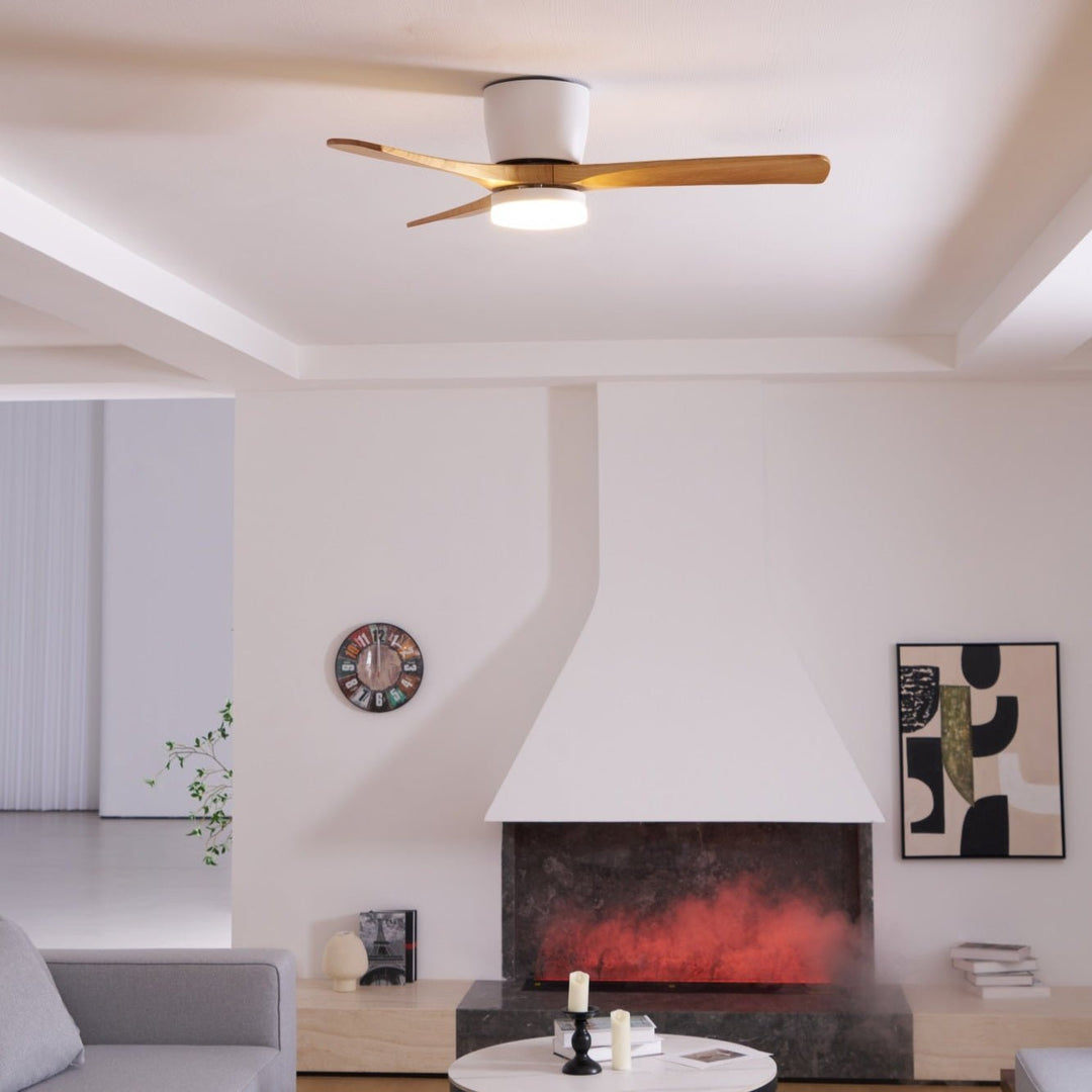 "Nordic Wooden Ceiling Fan Light with sycamore blades and LED, remote-operated for modern home decor."