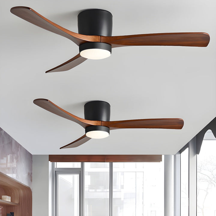 "Nordic Wooden Ceiling Fan Light with sycamore blades and LED, remote-operated for modern home decor."