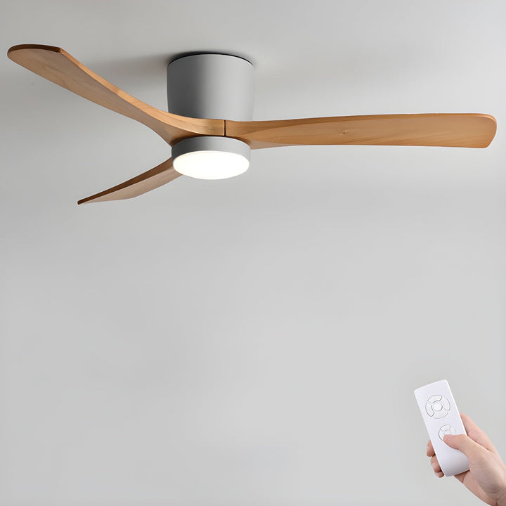 "Nordic Wooden Ceiling Fan Light with sycamore blades and LED, remote-operated for modern home decor."