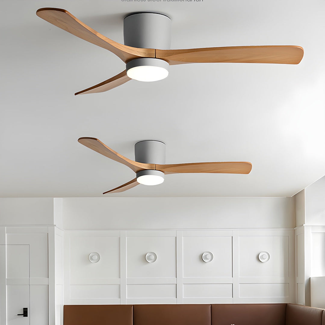 "Nordic Wooden Ceiling Fan Light with sycamore blades and LED, remote-operated for modern home decor."