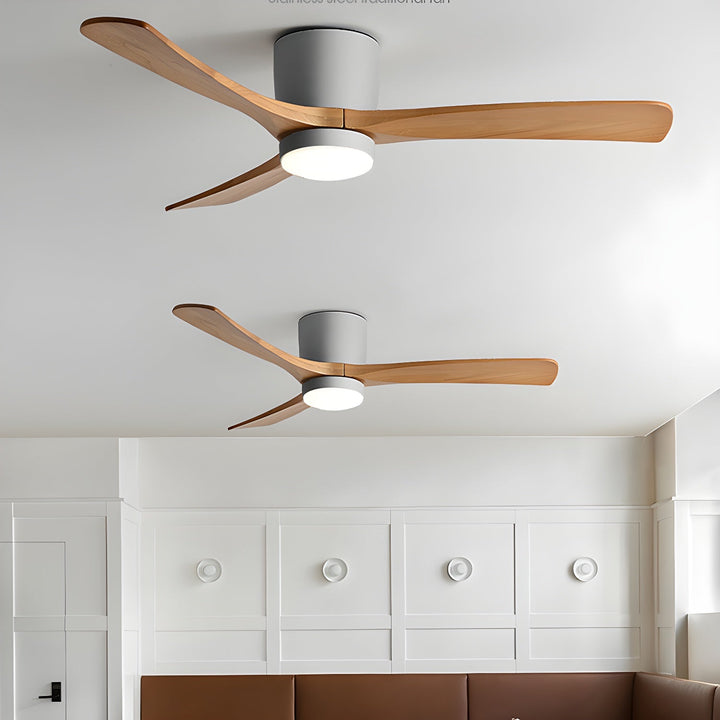 "Nordic Wooden Ceiling Fan Light with sycamore blades and LED, remote-operated for modern home decor."