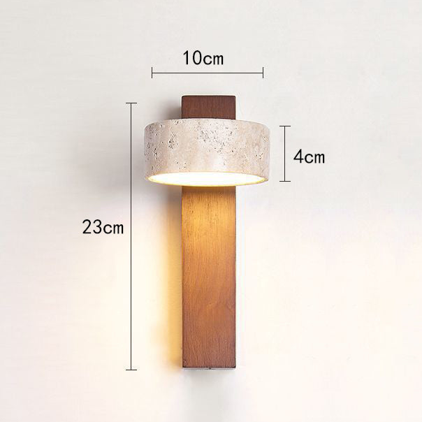 "Off-white travertine wall lamp with LED light, minimalist design, wood accents, ideal for ambient bedroom lighting."