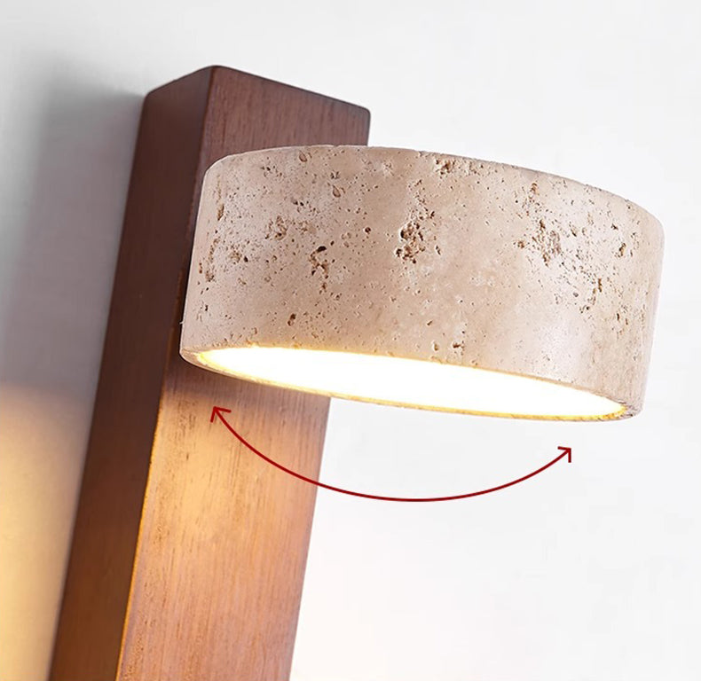 "Off-white travertine wall lamp with LED light, minimalist design, wood accents, ideal for ambient bedroom lighting."