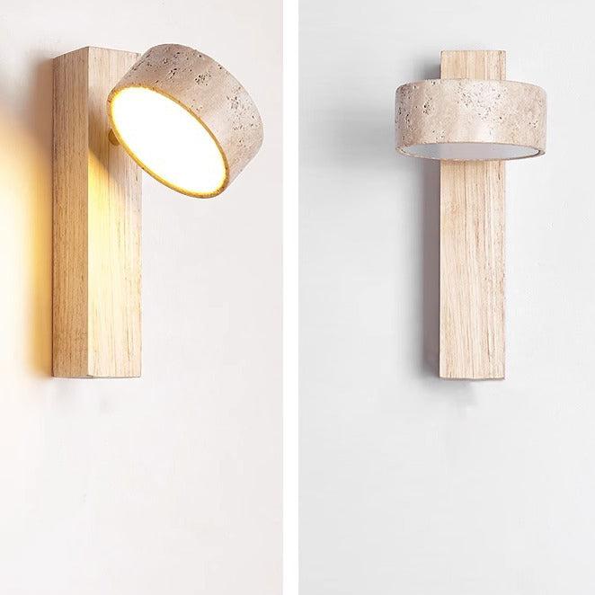 "Off-white travertine wall lamp with LED light, minimalist design, wood accents, ideal for ambient bedroom lighting."