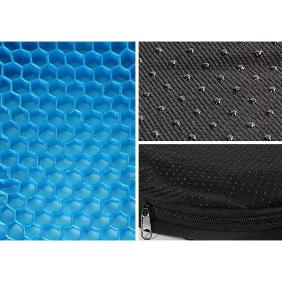 Orthopedic gel seat cushion for pressure relief, blue with ergonomic design, ideal for office chairs and tailbone support.
