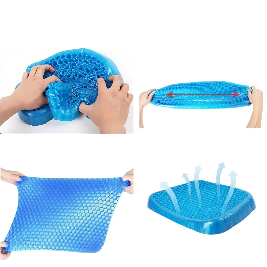 Orthopedic gel seat cushion for pressure relief, blue with ergonomic design, ideal for office chairs and tailbone support.