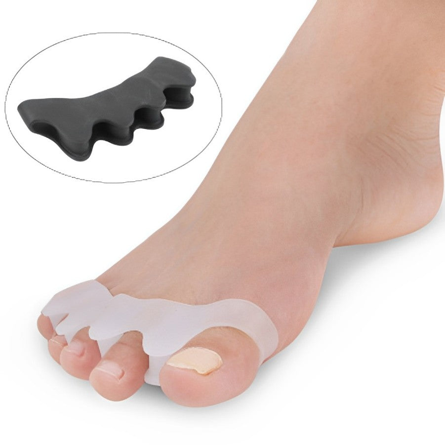 "Orthopedic Hammer Toe Splint Brace in silicone, providing toe alignment and pain relief; available in black, brown, white."