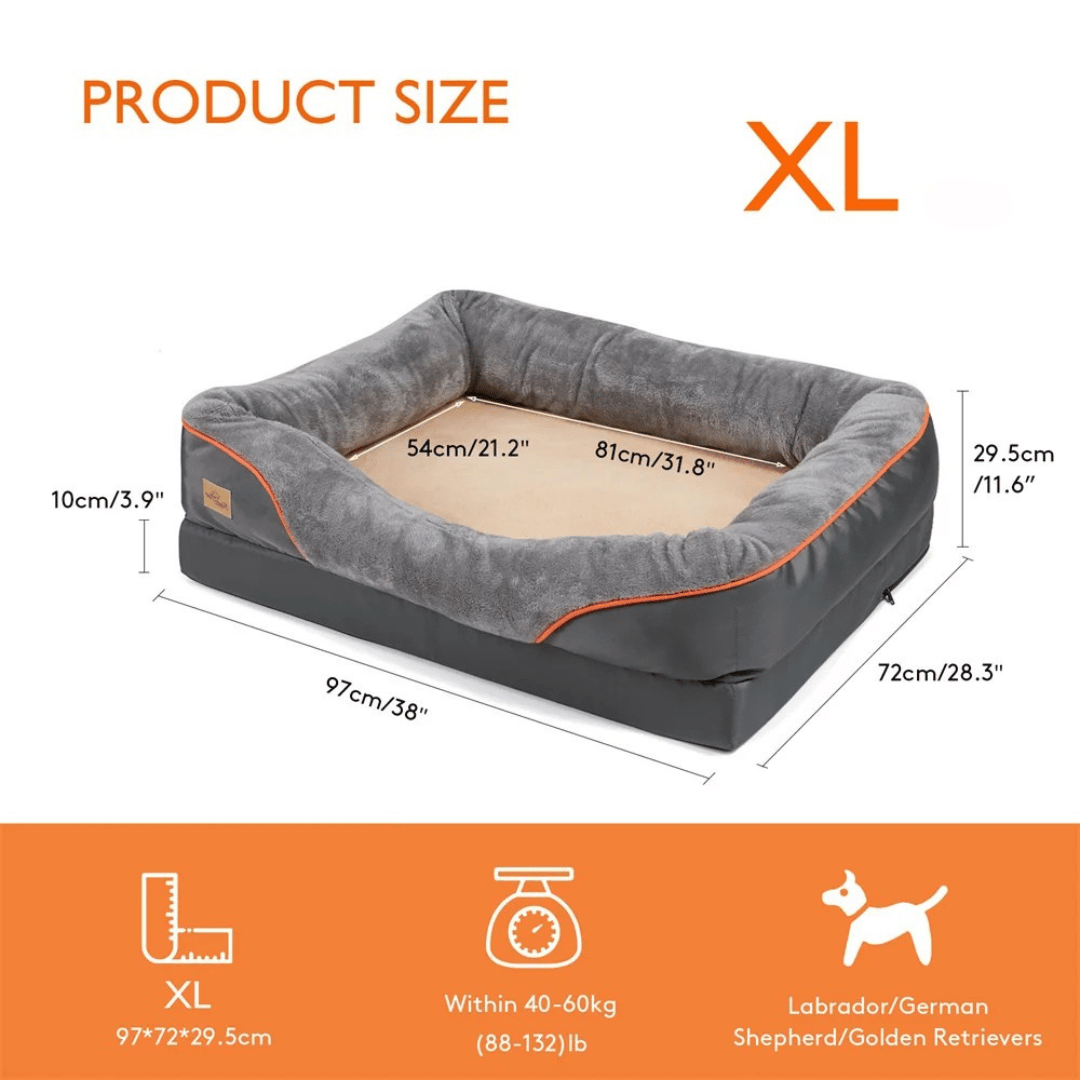 Orthopedic memory foam dog bed, large size, cushioned interior with cotton-padded bolster, perfect for large breeds.