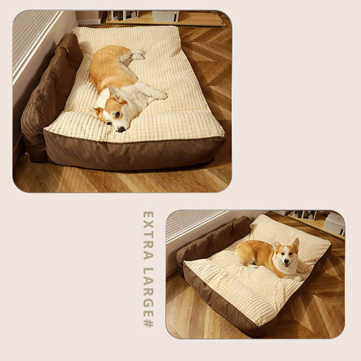 "Orthopedic pet bed with supportive terylene fabric, thick base, built-in pillow, ideal for joint comfort, non-slip design."