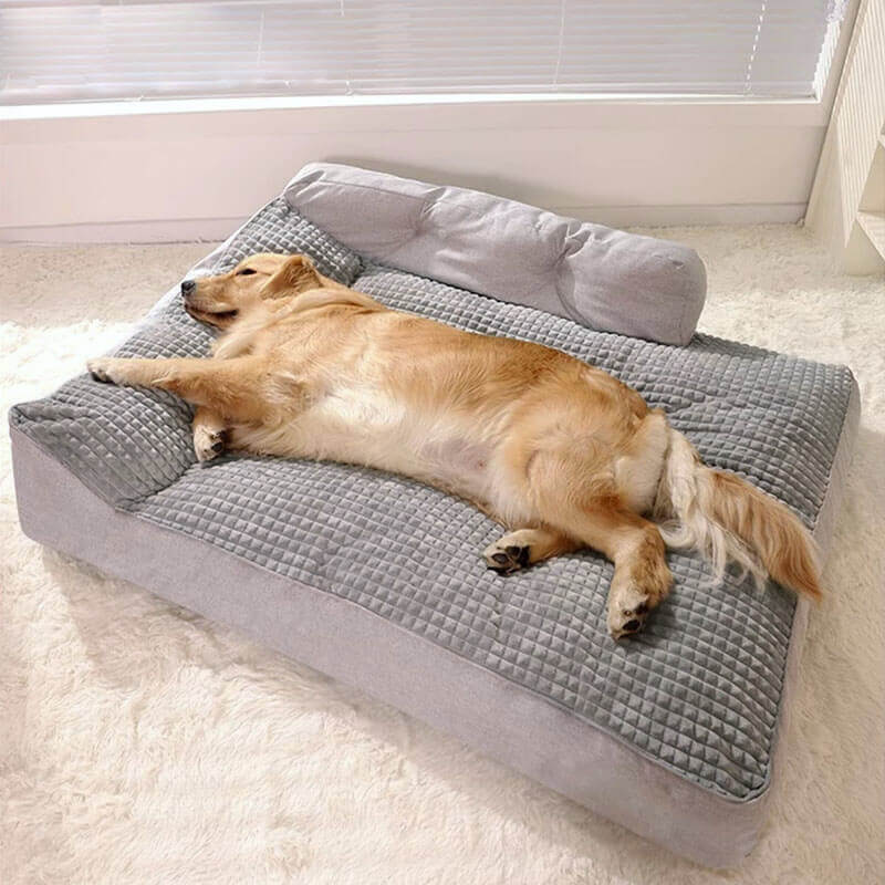 "Orthopedic pet bed with supportive terylene fabric, thick base, built-in pillow, ideal for joint comfort, non-slip design."
