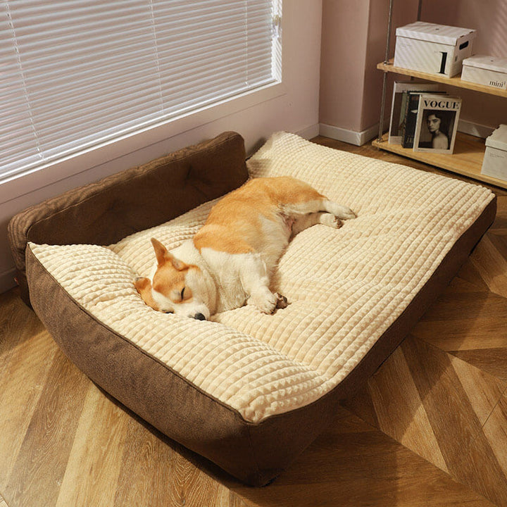 "Orthopedic pet bed with supportive terylene fabric, thick base, built-in pillow, ideal for joint comfort, non-slip design."