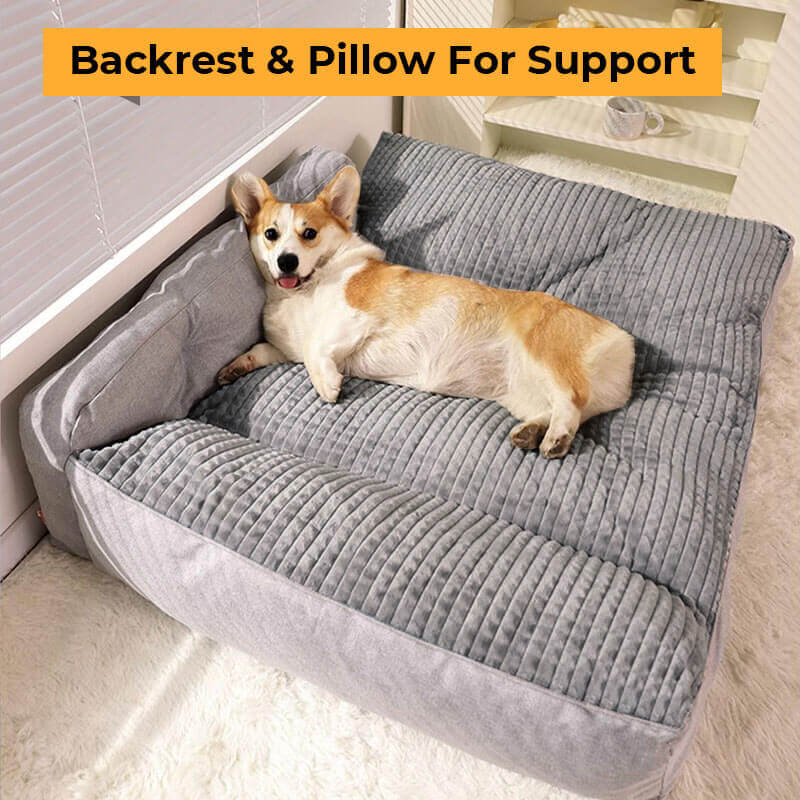 "Orthopedic pet bed with supportive terylene fabric, thick base, built-in pillow, ideal for joint comfort, non-slip design."