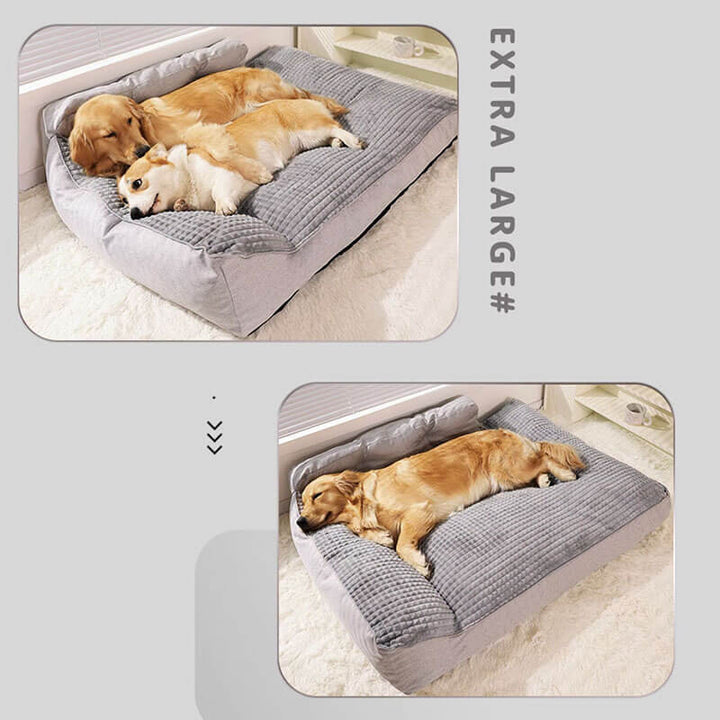 "Orthopedic pet bed with supportive terylene fabric, thick base, built-in pillow, ideal for joint comfort, non-slip design."