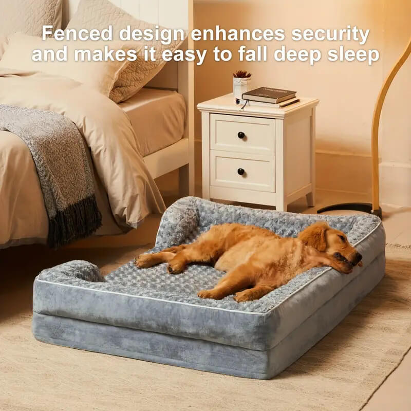 Orthopedic waterproof dog bed with thick foam base, raised edges, and plush cover for ultimate joint support and comfort.
