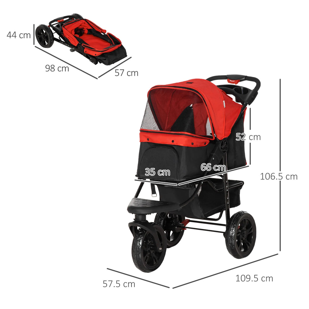 "Outdoor Adventure dog stroller with sturdy wheels, foldable design, and storage basket for pet supplies on any terrain."
