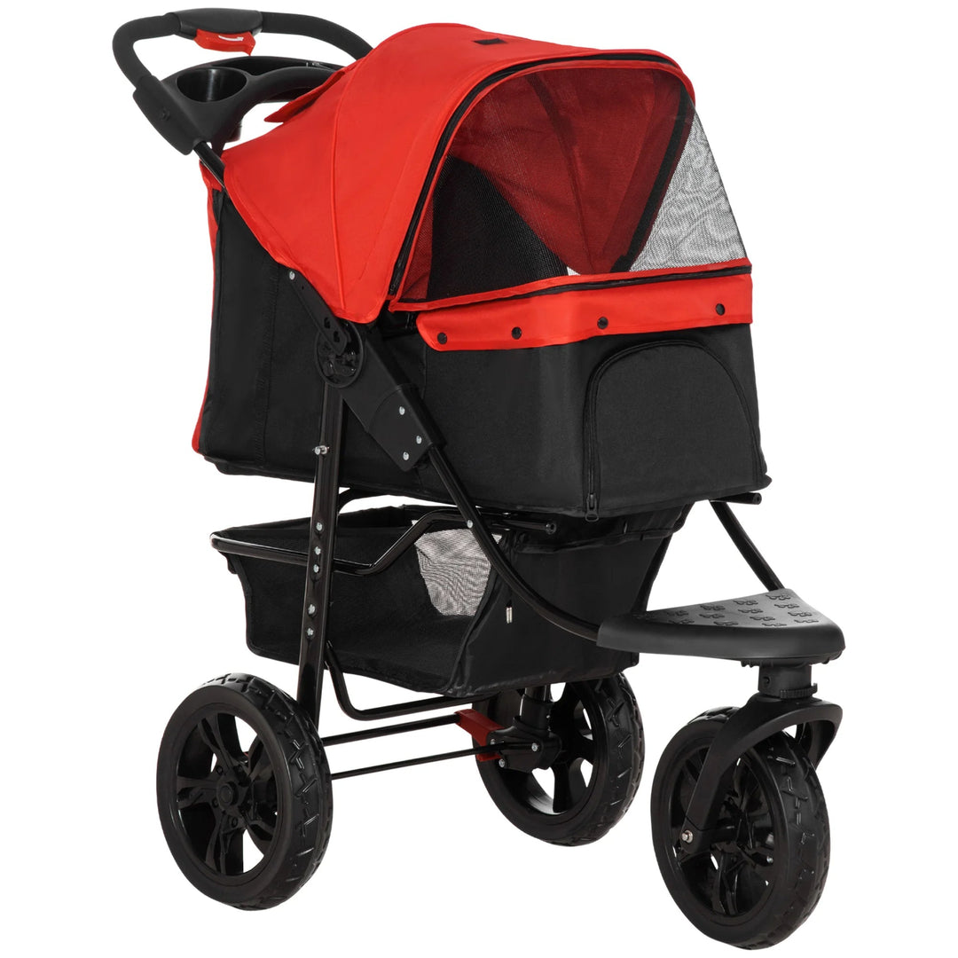 "Outdoor Adventure dog stroller with sturdy wheels, foldable design, and storage basket for pet supplies on any terrain."