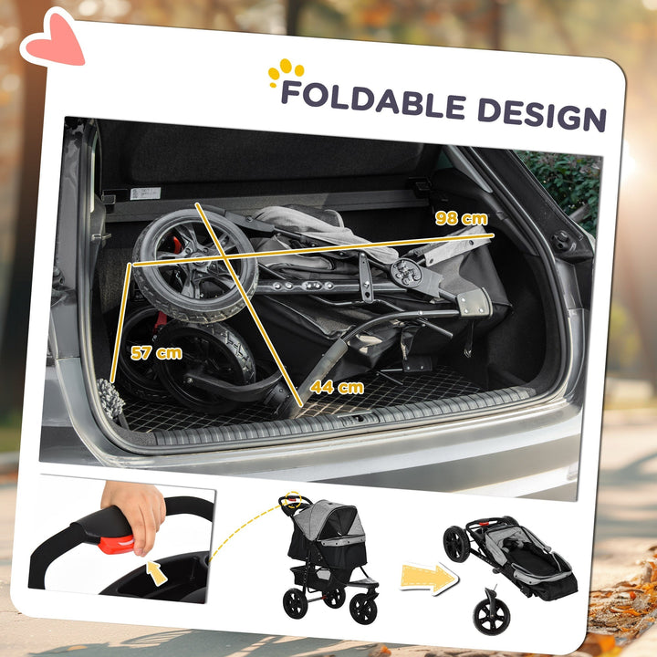 "Outdoor Adventure dog stroller with sturdy wheels, foldable design, and storage basket for pet supplies on any terrain."