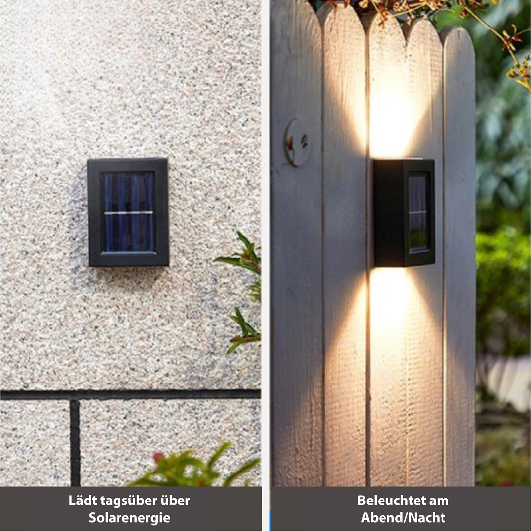 Outdoor LED solar wall lights with automatic sensor, eco-friendly design, providing warm glow for gardens, patios, driveways.