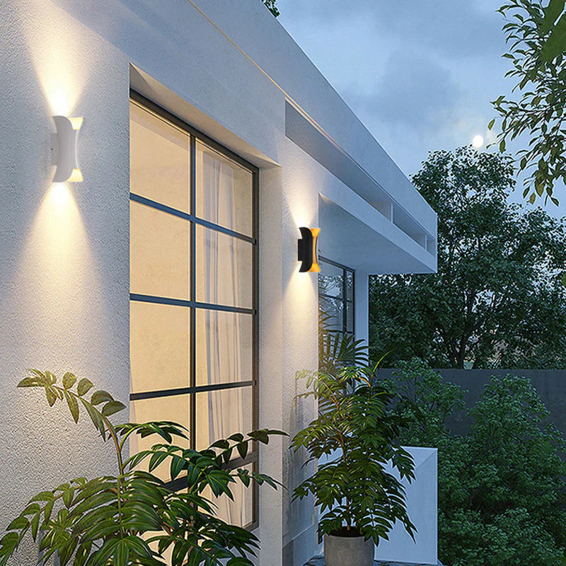 Outdoor LED wall light, modern design, durable aluminum, weatherproof IP65, bright warm light, perfect for gardens and patios