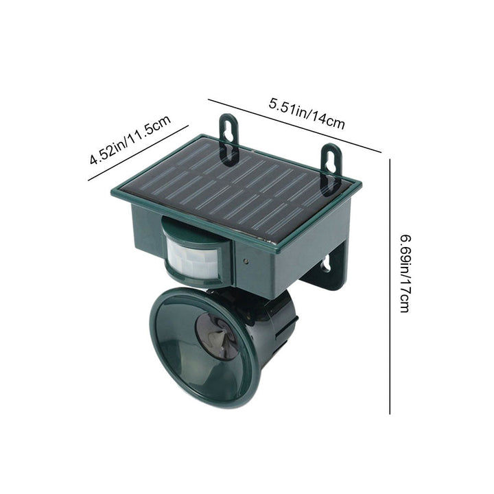 "Outdoor motion sensor bird deterrent with LED light and sound, repels birds, weather-resistant, for gardens and balconies."