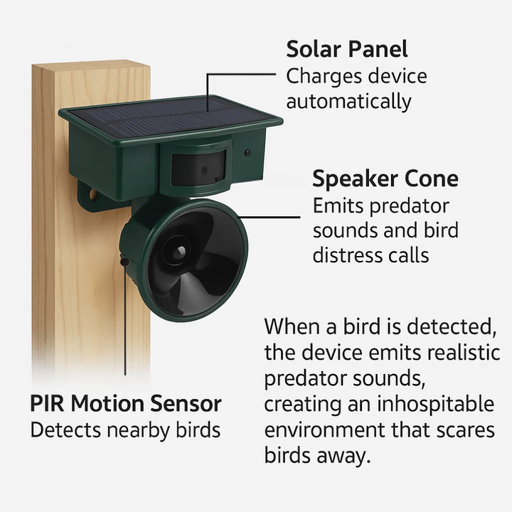 "Outdoor motion sensor bird deterrent with LED light and sound, repels birds, weather-resistant, for gardens and balconies."