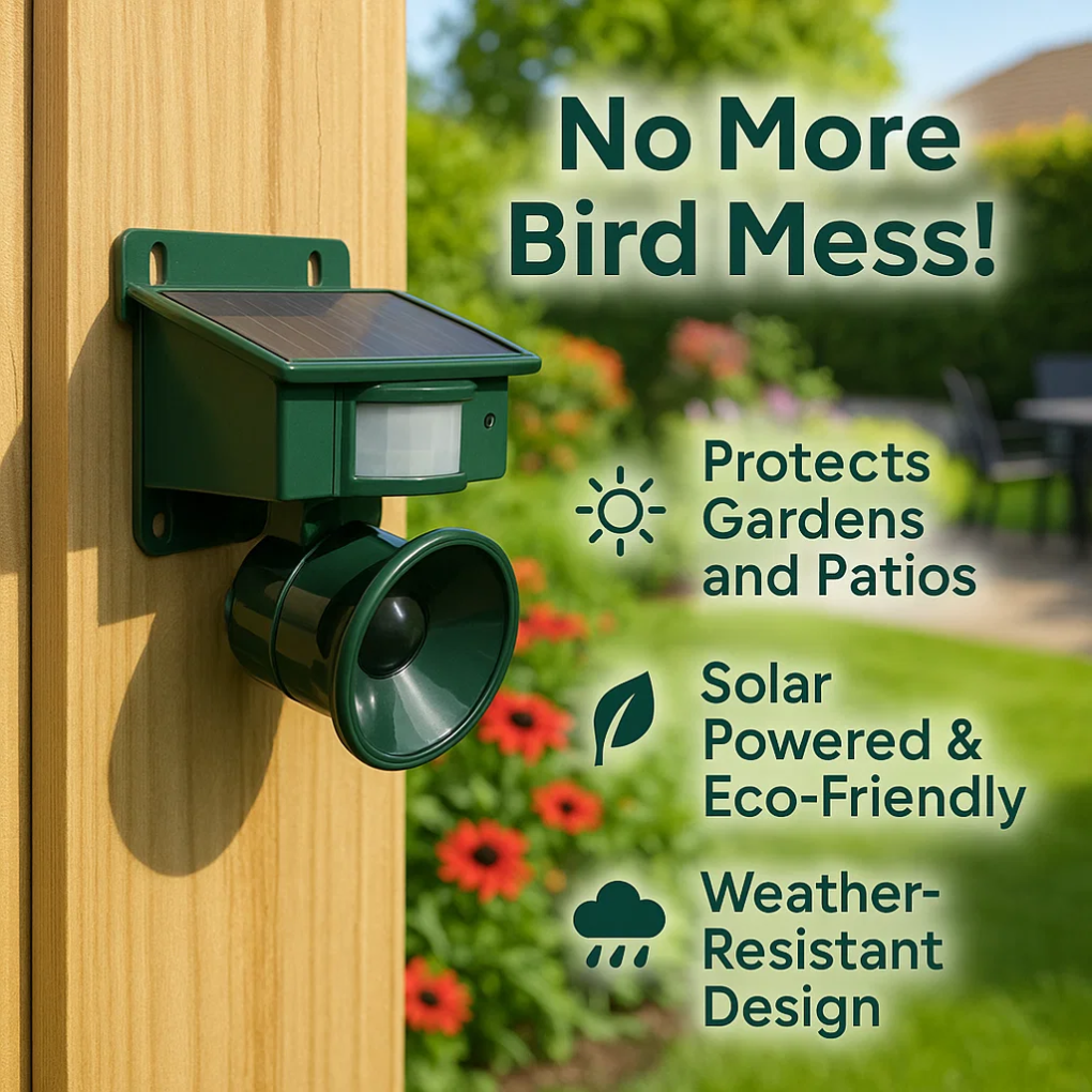 "Outdoor motion sensor bird deterrent with LED light and sound, repels birds, weather-resistant, for gardens and balconies."