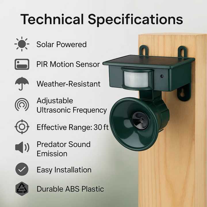 "Outdoor motion sensor bird deterrent with LED light and sound, repels birds, weather-resistant, for gardens and balconies."