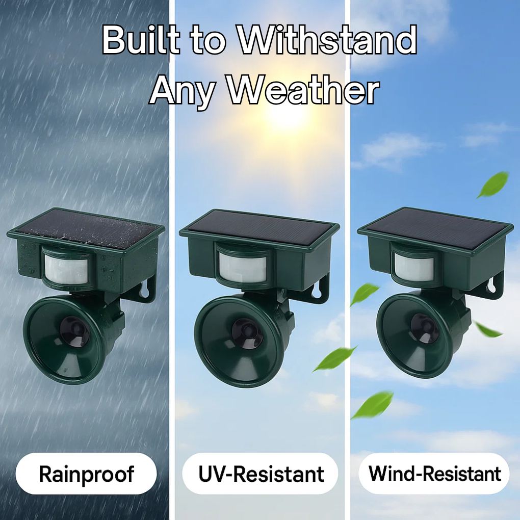 "Outdoor motion sensor bird deterrent with LED light and sound, repels birds, weather-resistant, for gardens and balconies."