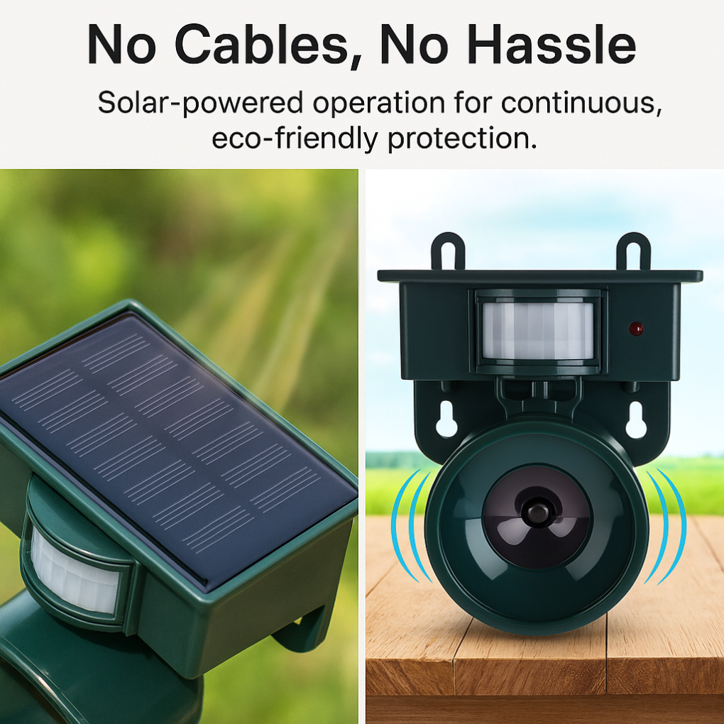 "Outdoor motion sensor bird deterrent with LED light and sound, repels birds, weather-resistant, for gardens and balconies."