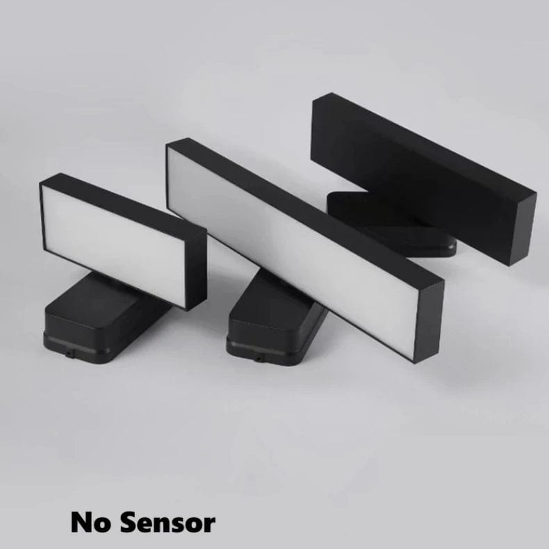 "Outdoor PIR motion sensor wall light, black aluminium, IP65 waterproof, rotatable design, warm white glow, modern style."