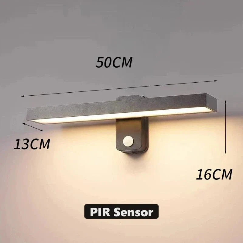 "Outdoor PIR motion sensor wall light, black aluminium, IP65 waterproof, rotatable design, warm white glow, modern style."