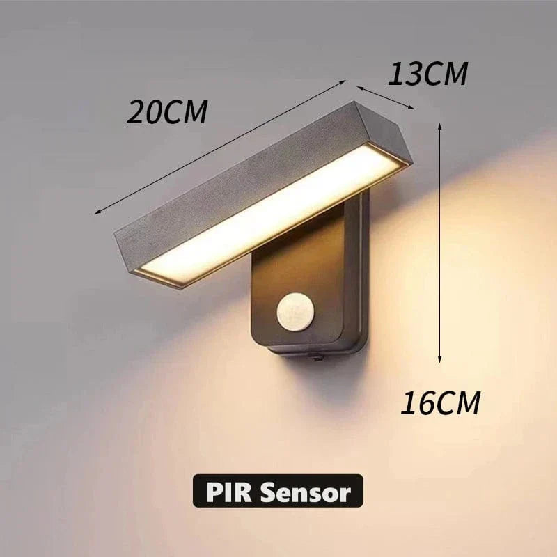 "Outdoor PIR motion sensor wall light, black aluminium, IP65 waterproof, rotatable design, warm white glow, modern style."