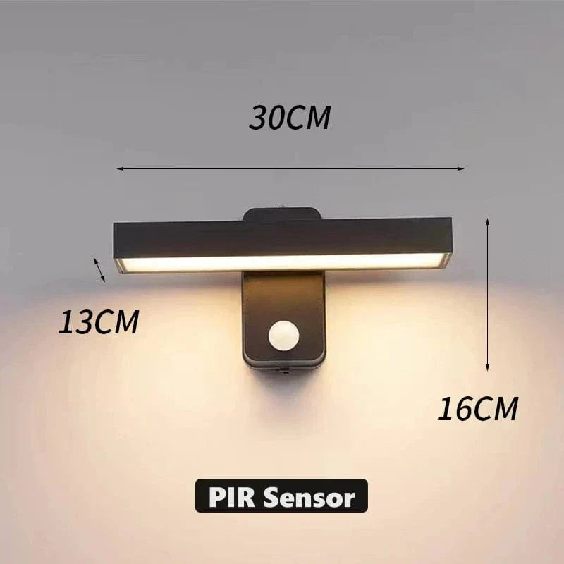 "Outdoor PIR motion sensor wall light, black aluminium, IP65 waterproof, rotatable design, warm white glow, modern style."