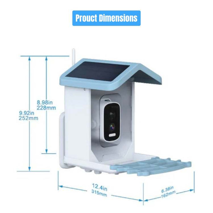 "Outdoor smart solar camera bird feeder with HD video, green roof, and transparent sides, showing bird feed inside."