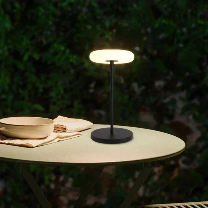 Outdoor solar floor lamp with metal and acrylic body, modern design, stands on patio illuminating with warm LED glow.