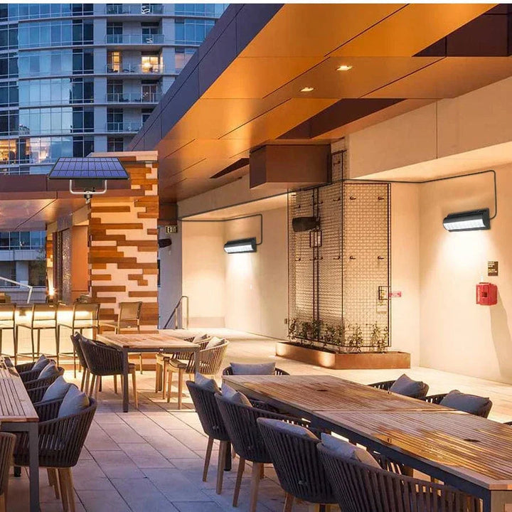 Outdoor Solar Pendant LED Light with dual/single options, art deco style, warm/cool white, weatherproof, 30 LEDs per head.