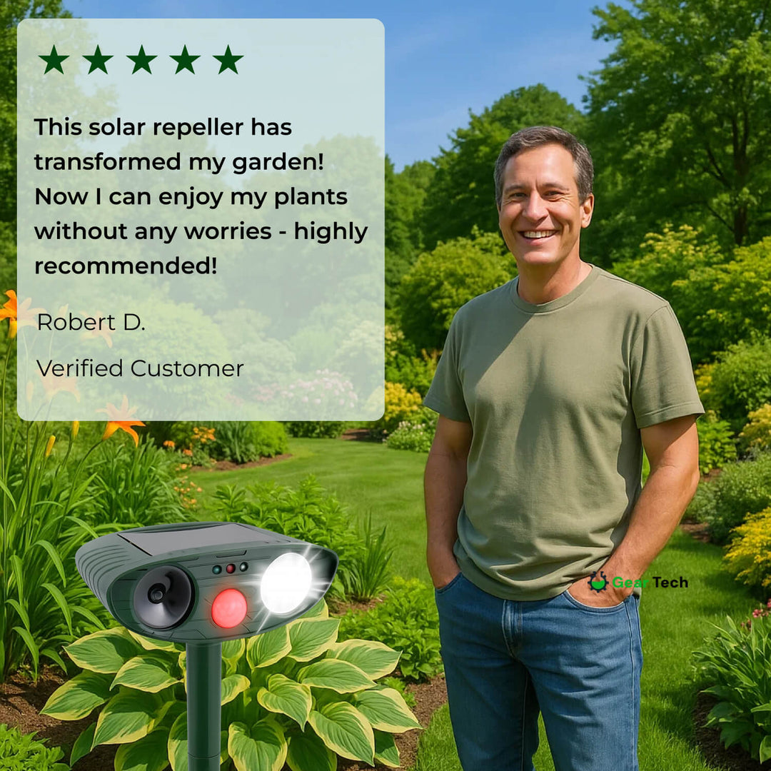 "Outdoor solar-powered ultrasonic deer repeller in garden setting, showcasing green and grey weather-resistant design."