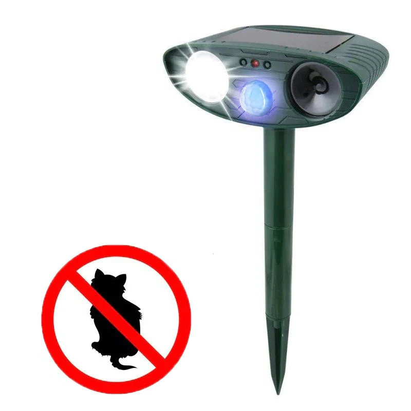 Outdoor solar ultrasonic cat repeller for gardens; eco-friendly device with motion sensors, green and black with solar panel.