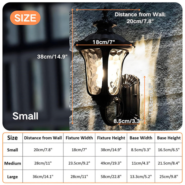 "Outdoor waterproof bronze wall light with clear water glass shade, elegant design for stylish exterior lighting."
