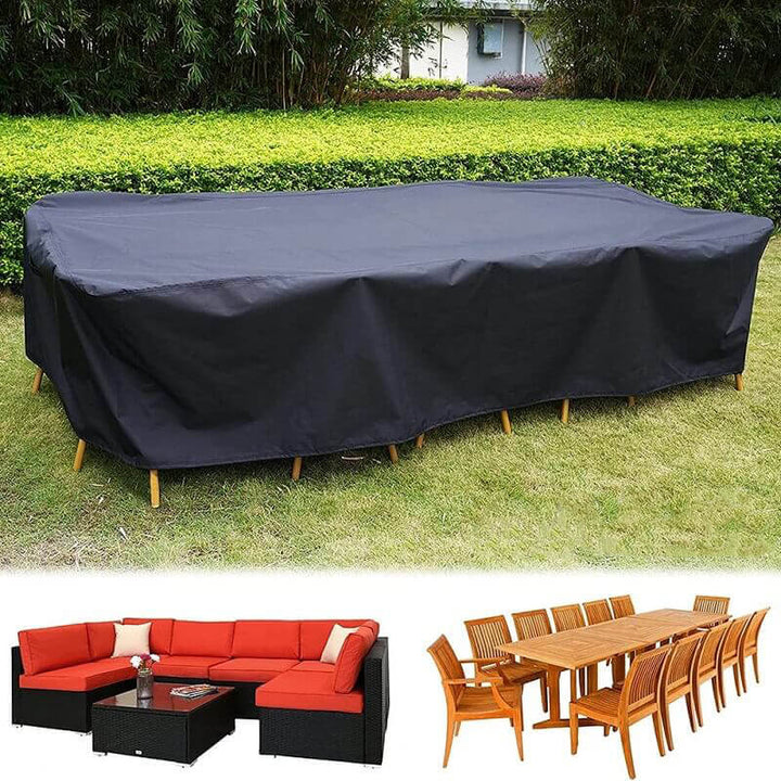 "Outdoor waterproof heavy-duty furniture cover, black 420D Oxford cloth blocks water, dirt. Fits patio furniture set."