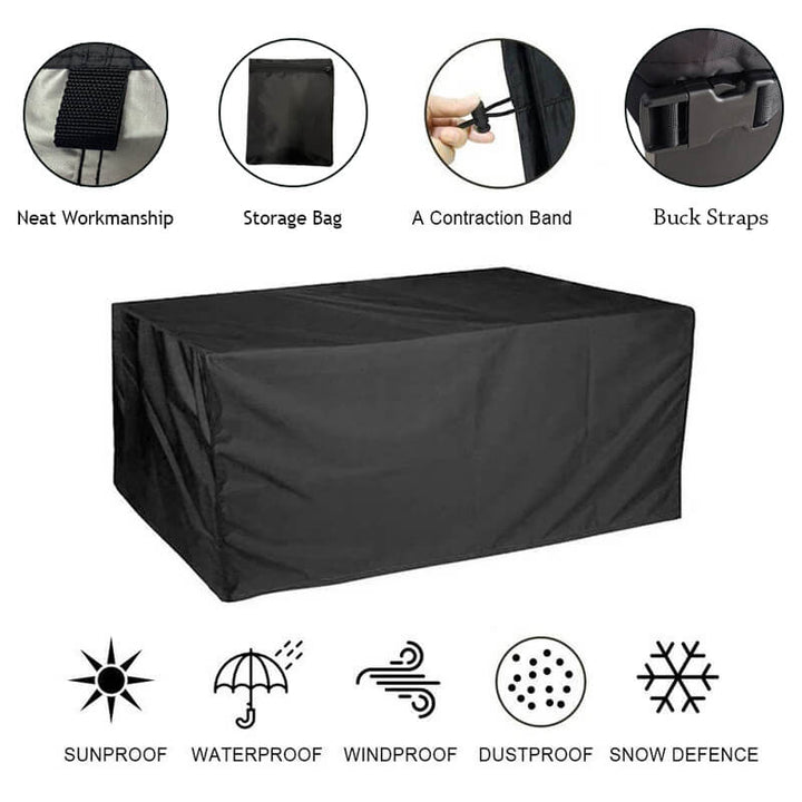 "Outdoor waterproof heavy-duty furniture cover, black 420D Oxford cloth blocks water, dirt. Fits patio furniture set."
